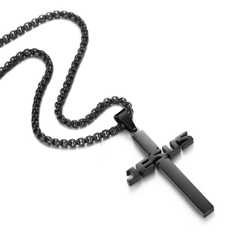 REVEMCN Stainless Steel Jesus Cross Pendant Necklace for Men Women 20-24 Inches Rolo Chain Christian Gifts for Men Faith - Image 2